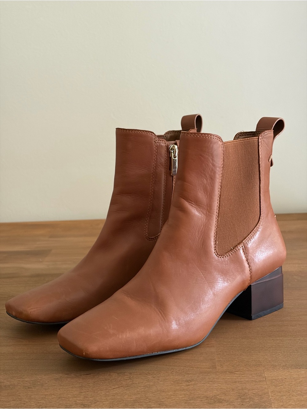 Franco Sarto Cognac Leather Square Toe Block Heel Ankle Boots - Size 6.5M